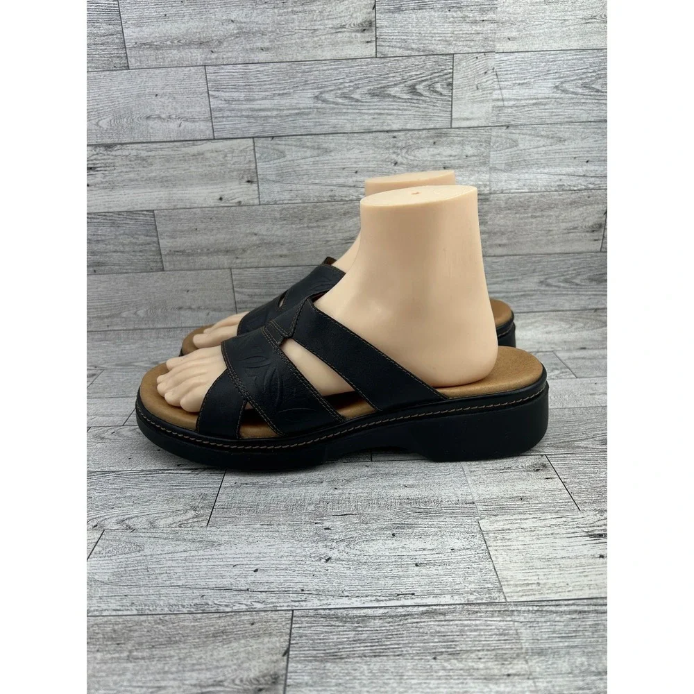 Clarks Black Leather Embossed Floral Wedge‎ Slide Sandals Women 10M